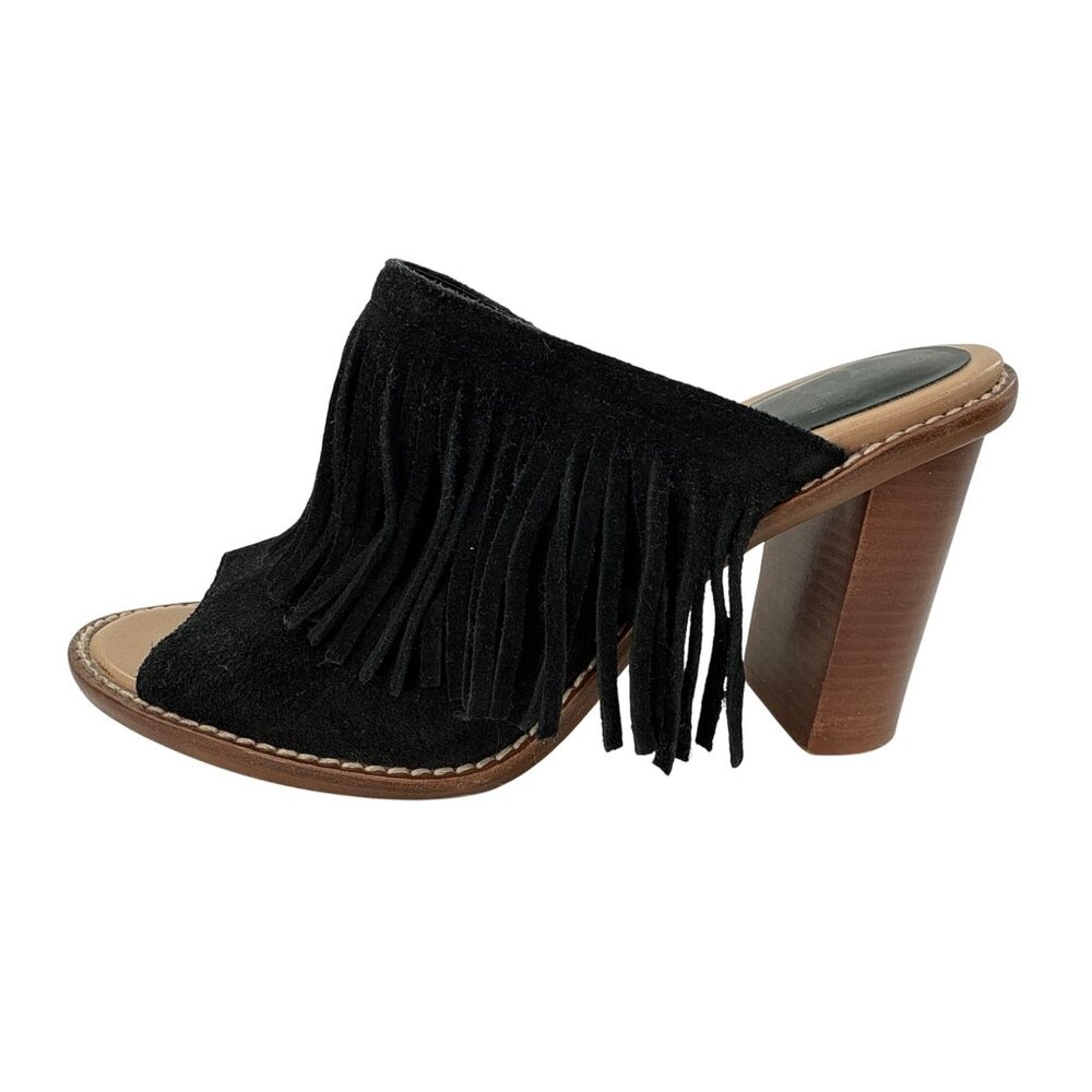 Gianni Bini Black Suede Fringe Block Heel Mules Size 8M Road‎ Tripz